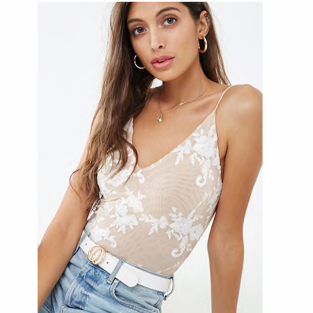 Forever 21 nude bodysuit white lace embroidery